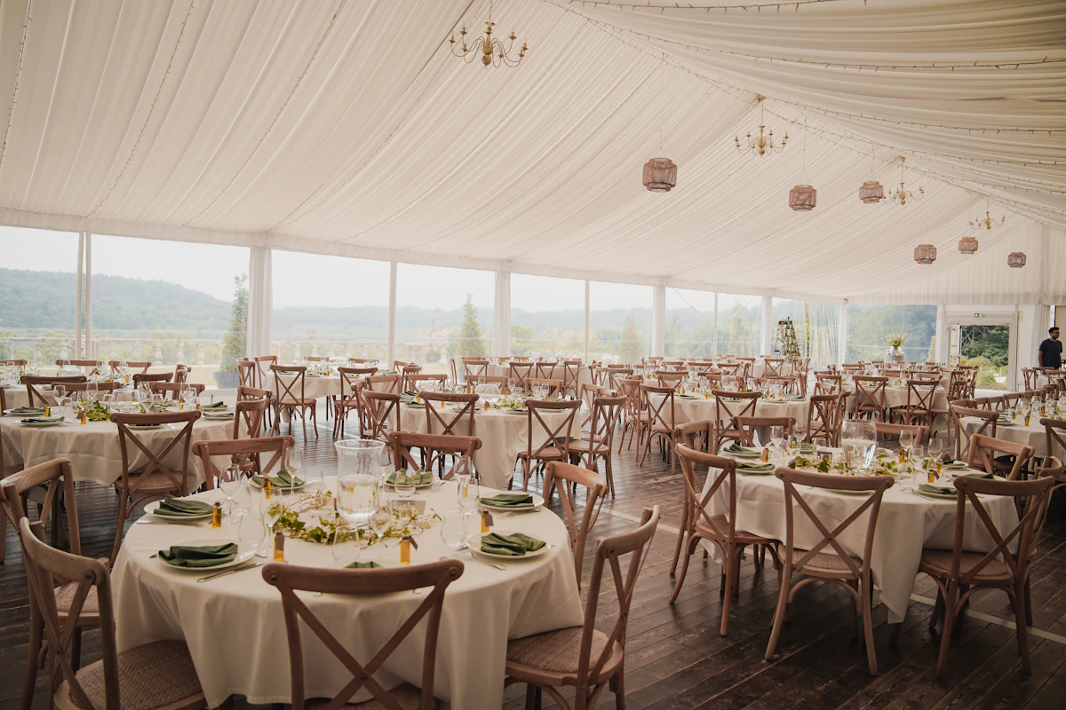 Wedding reception venue with round banquet tables