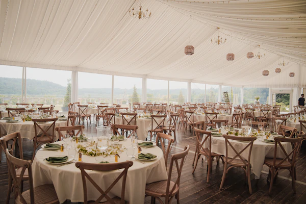 Wedding reception venue with round banquet tables
